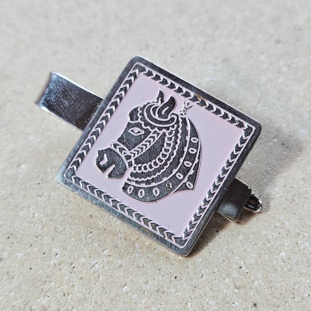 Vtg Swank Horse Head Tie Clip Pink Enamel Silver Tone Square Equestrian Mens